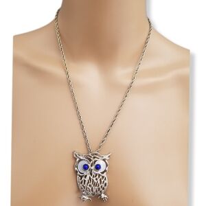 ROBERT MANDLE SILVERTONE OWL WITH MOTHER OF PEARL EYES PENDANT NECKLACE